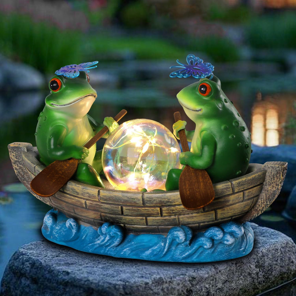 Solar Frog Boating Garden Statue with Ball Light 5.1"Resin Frogs Decor | for Home Front Door Patio Porch Balcony Women Gardeners Moms Wives Girlfriends