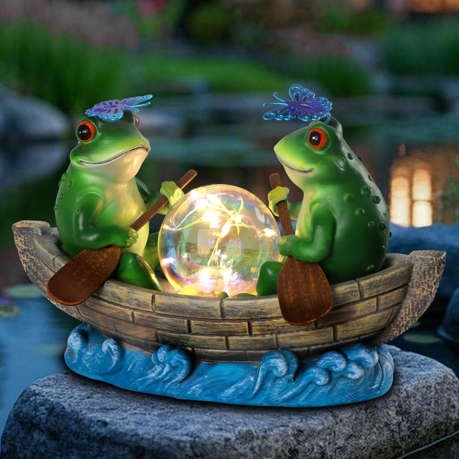 Solar Frog Boating Garden Statue with Ball Light 5.1"Resin Frogs Decor | for Home Front Door Patio Porch Balcony Women Gardeners Moms Wives Girlfriends
