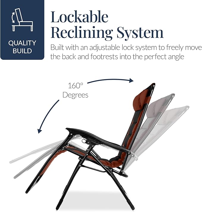 Best Choice Products Oversized Padded Zero Gravity Chair, Folding Outdoor Patio Recliner, XL Anti Gravity Lounger for Backyard w/Headrest, Cup Holder, Side Tray, Polyester Mesh - Rust/Black