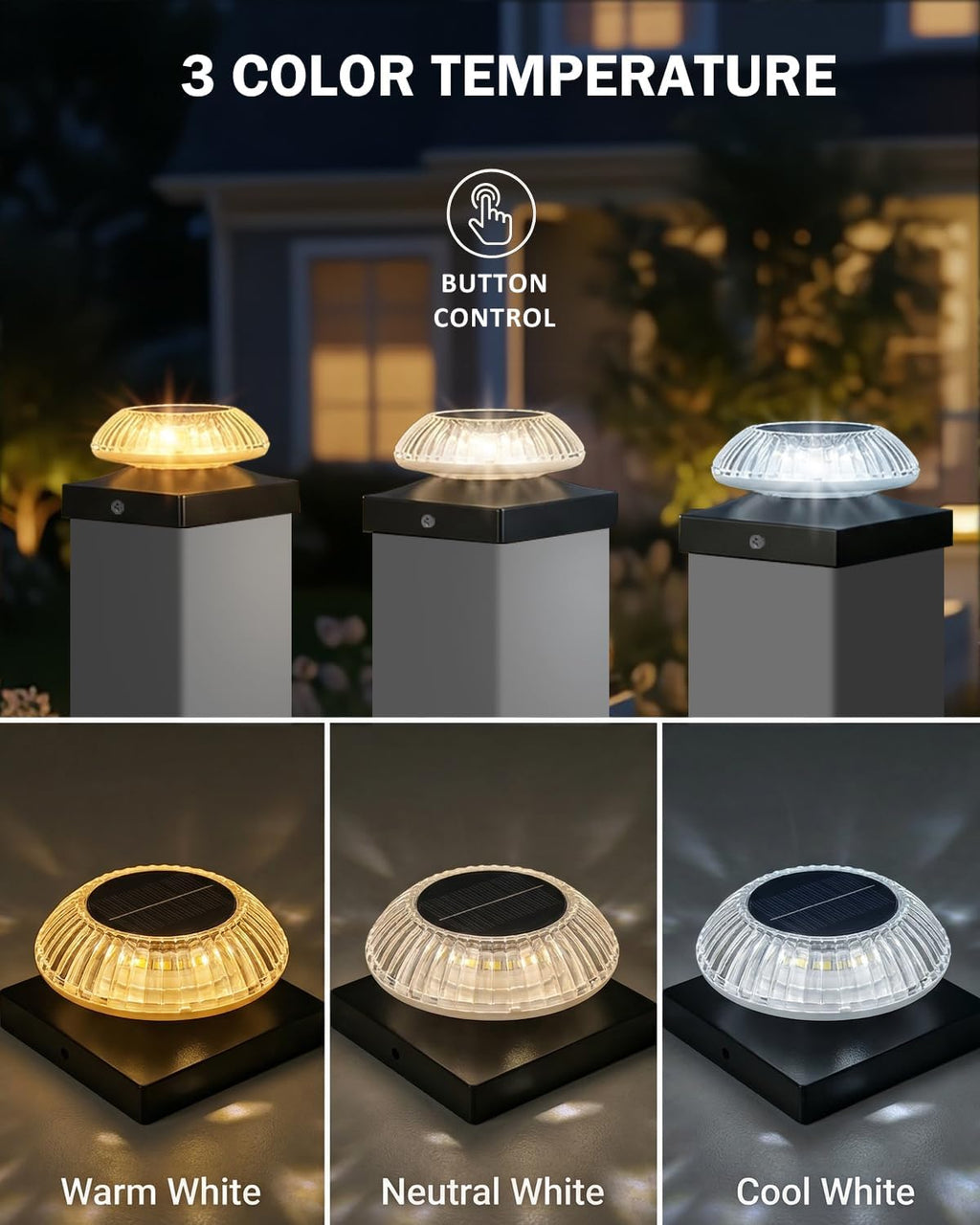 Solar Post Cap Lights for 4x4 & 3.5x3.5 Posts, IP55 Waterproof Deck Lights Solar Powered, 3 Color Modes Fence Caps for Wood Vinyl Mailbox Railing Patio