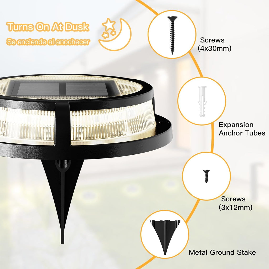 Solar Ground Lights, Outdoor Solar Deck Light, Flat Disc Lights, Waterproof Landscape Light for Garden Lawn Yard Fence Pathway - Durable Aluminum Frame with a Sturdy Metal Stake