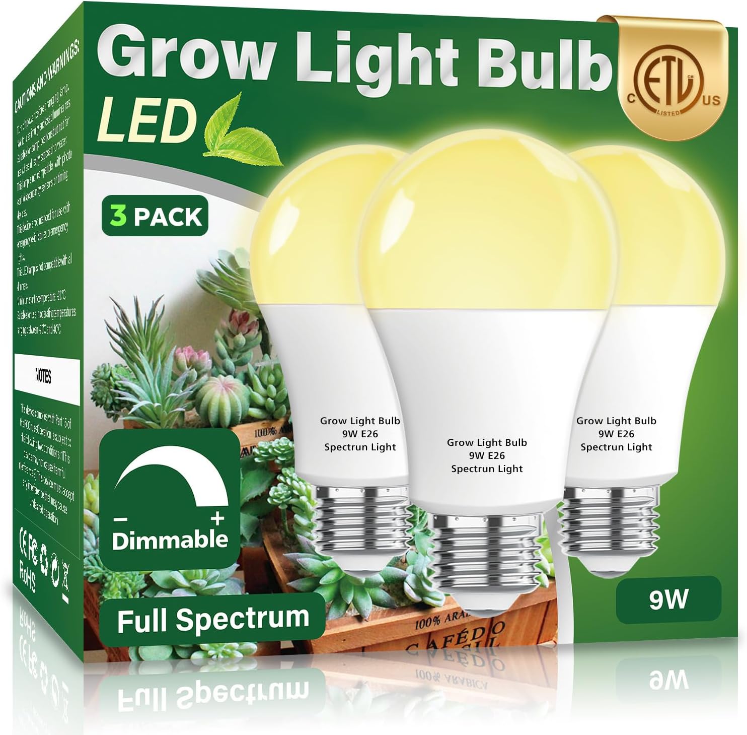 3 Pack Full Spectrum Grow Light Bulbs,A19 Grow Lights for Indoor Plants,Dimmable E26 9W Grow Bulb Replace up to 100W,Plant Lights for Indoor Growing,Flowers,Greenhouse,Indore