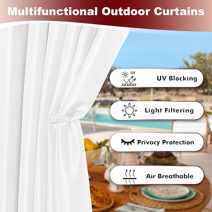 HolidayIdeas White Outdoor Curtains for Patio Waterproof 8 Pcs All Weather Balcony Grommet Top Outside Curtains for Apartments, Gazebo, Pergolas, Porch, 54x84 Inch