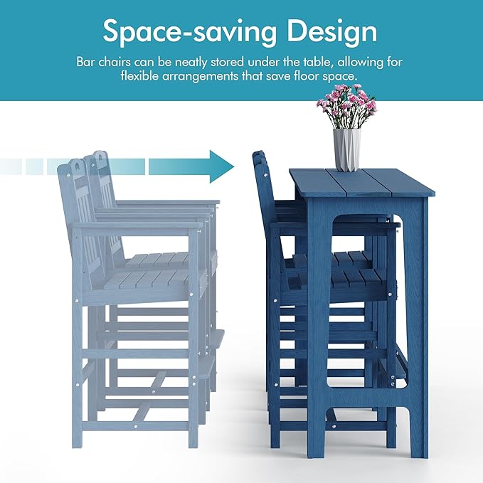 Ciokea 3 Pcs Outdoor Bar Height Table Set, 60" Extra Long Rectangle High Top Table and 2 Oversized Adirondack Chairs, Heavy-Duty All-Weather HDPE Patio Bar Set for Backyard Balcony Deck, Navy Blue