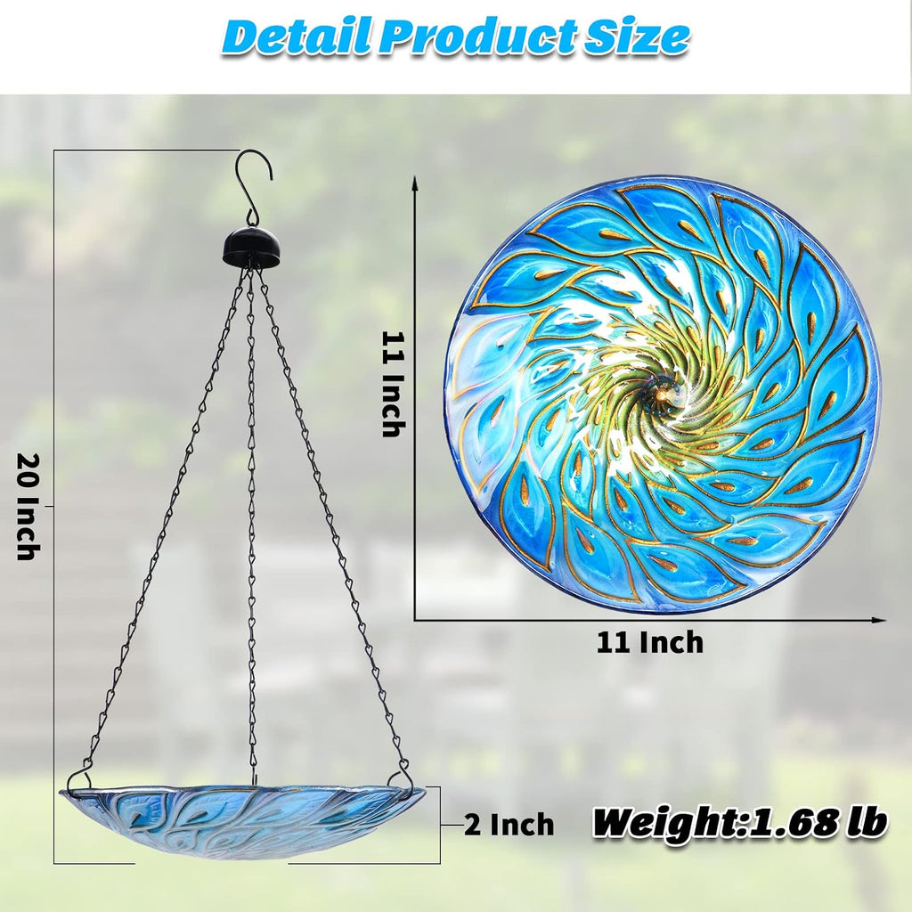 Hanging Glass Bird Bath Peacock Outdoor Birdfeeder Garden Yard Decor | 11-inch Hanging glass bird bath for outdoor bird drinking and bathing creating a beautiful backyard wildlife habitat