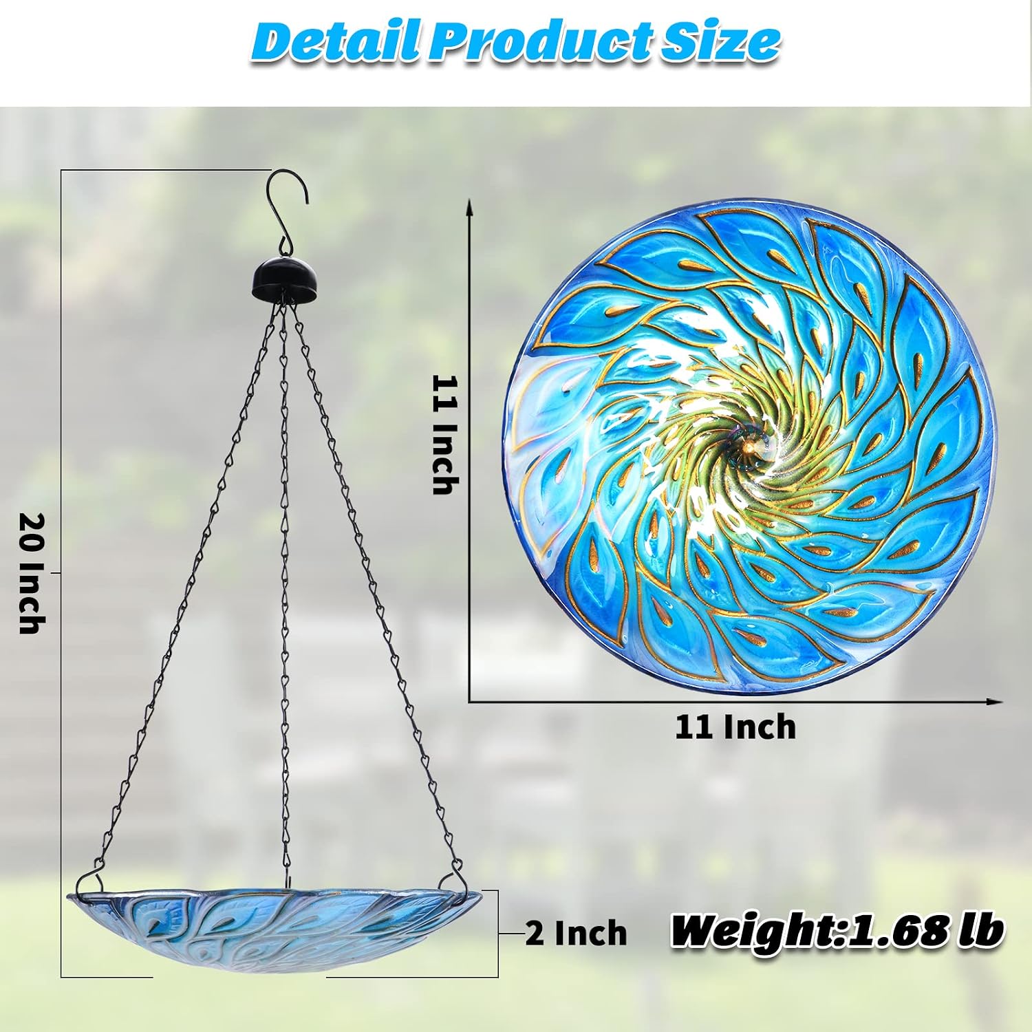 Hanging Glass Bird Bath Peacock Outdoor Birdfeeder Garden Yard Decor | 11-inch Hanging glass bird bath for outdoor bird drinking and bathing creating a beautiful backyard wildlife habitat