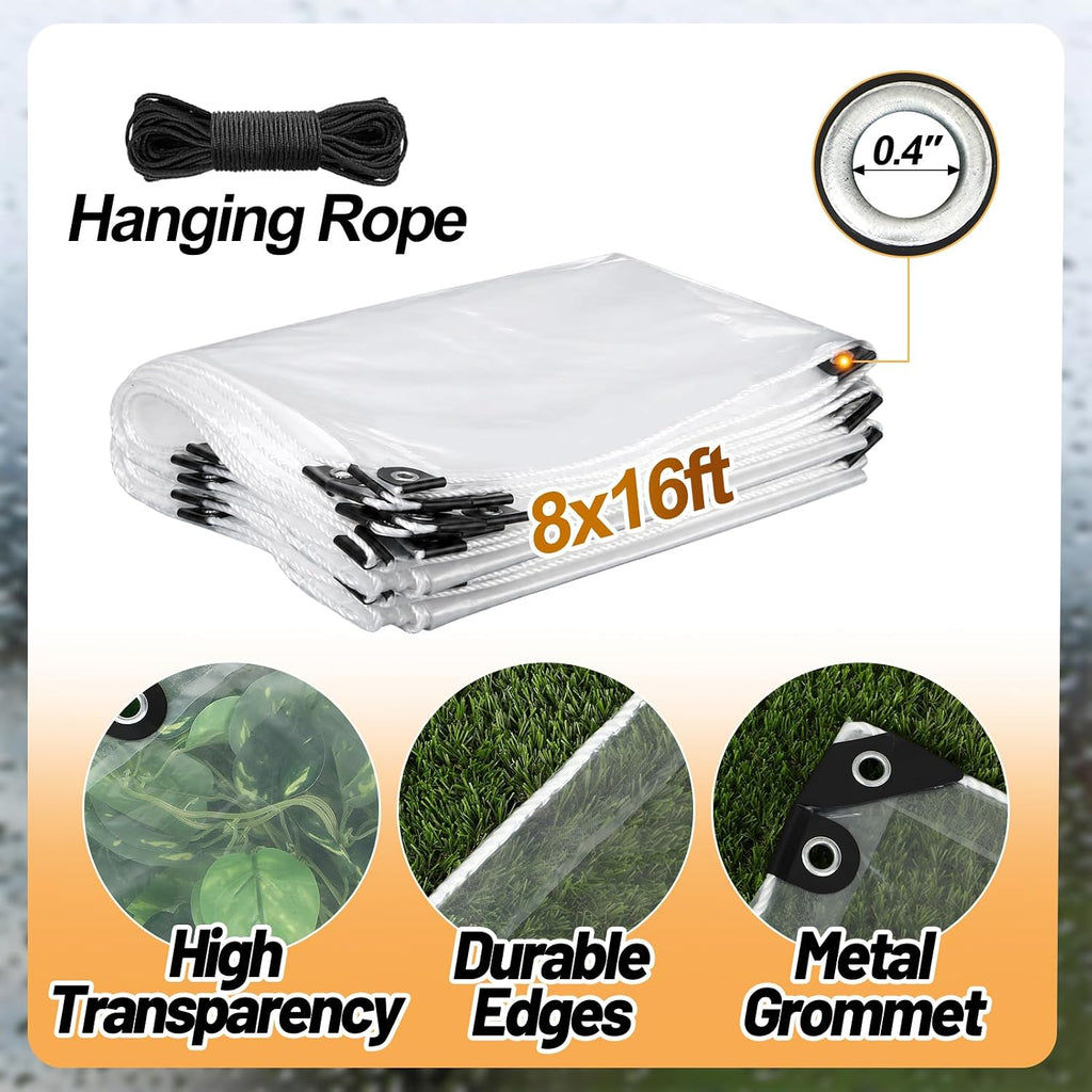 8x16ft anti-tear clear tarp waterproof, 5 mil, windproof showing dimensions