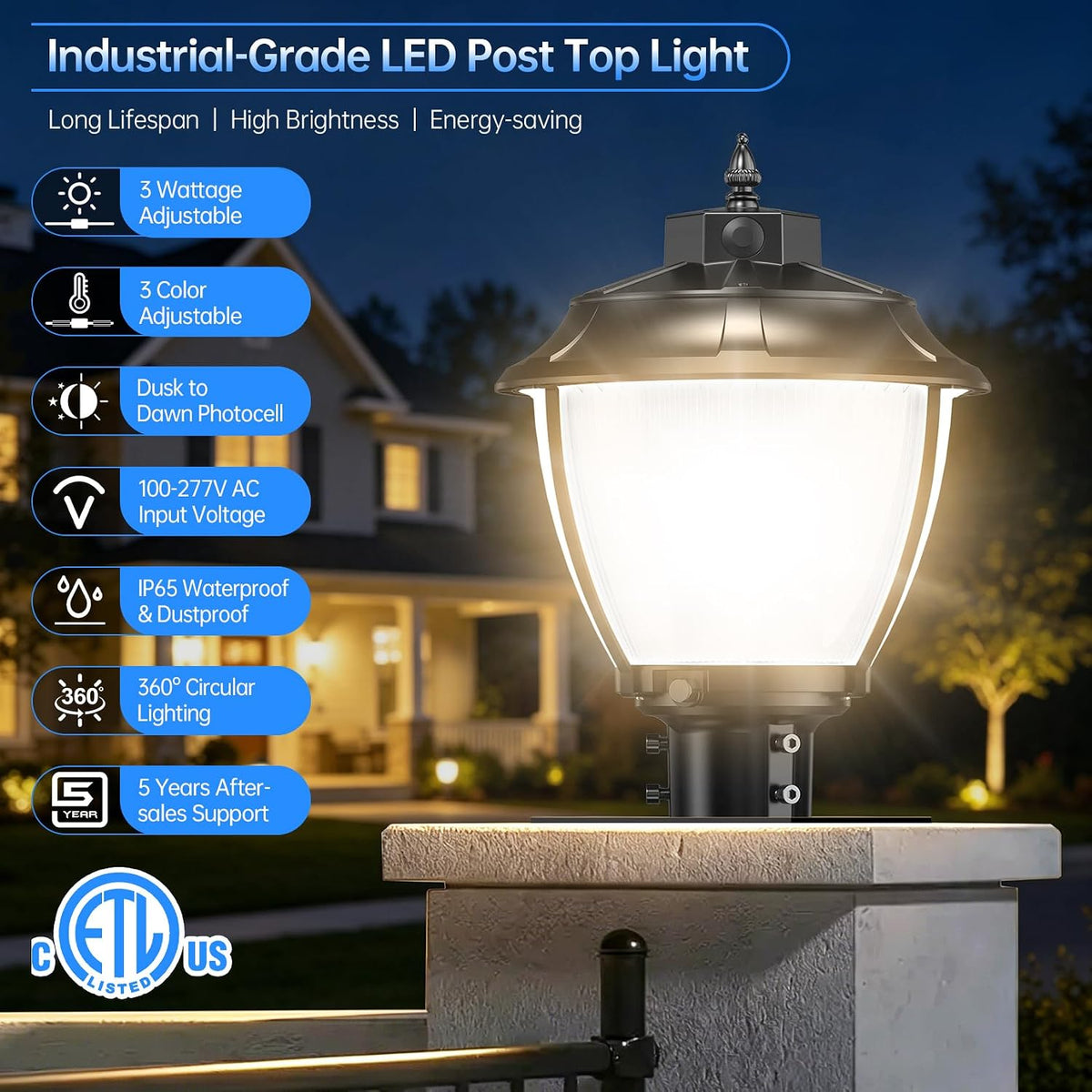LED Post Top Light 150W/120W/90W Adjustable, ETL Listed 22500LM Outdoor Pole Light 3000K 4000K 5000K Tunable, Post Lights Fixture with Photocell IP65 Waterproof AC100-277V