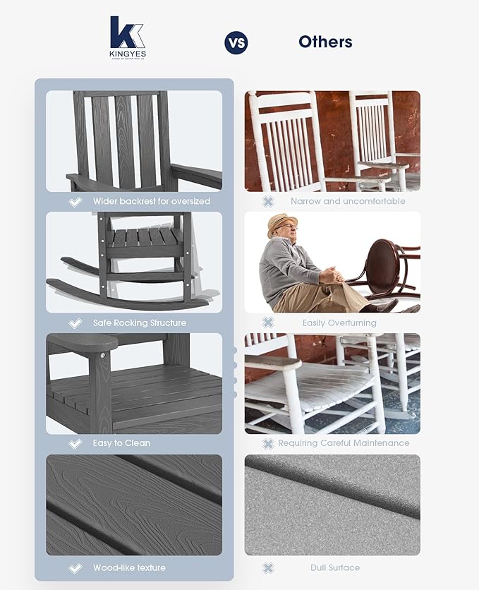 KINGYES Oversized Outdoor Rocking Chair Set of 2, All-Weather Patio Rocking Chairs for Porch, HDPE Outdoor Patio Rockers with High Back & Wide Seat for Garden, Lawn, Gray
