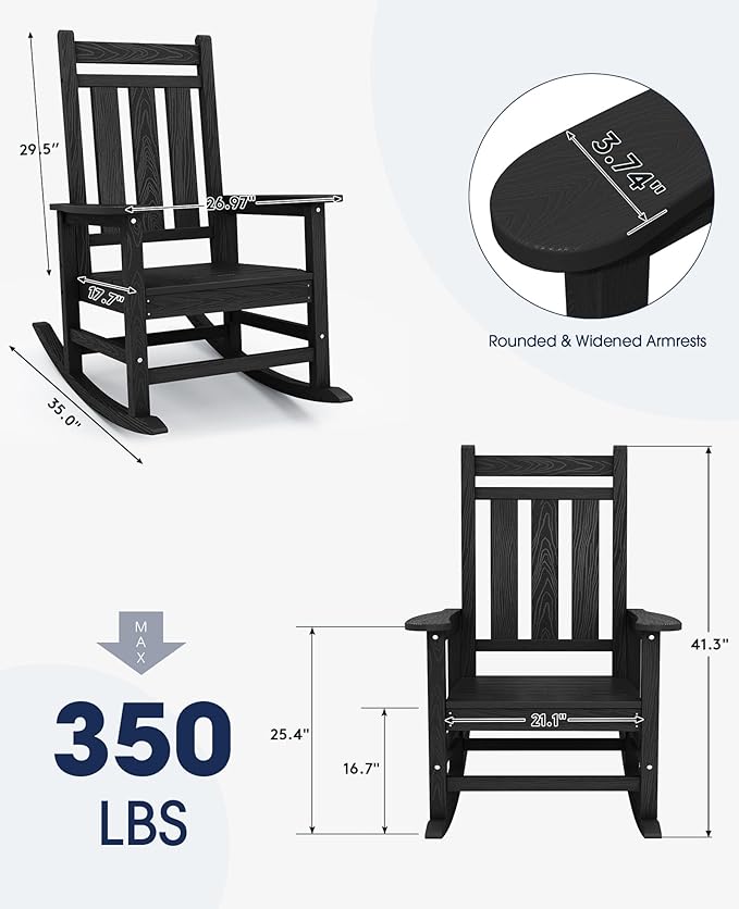 KINGYES Oversized Outdoor Rocking Chair Set of 4, All-Weather Patio Rocking Chairs for Porch, HDPE Outdoor Patio Rockers with High Back & Wide Seat for Garden, Lawn, Black