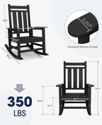 KINGYES Oversized Outdoor Rocking Chair Set of 2, All-Weather Patio Rocking Chairs for Porch, HDPE Outdoor Patio Rockers with High Back & Wide Seat for Garden, Lawn, Black