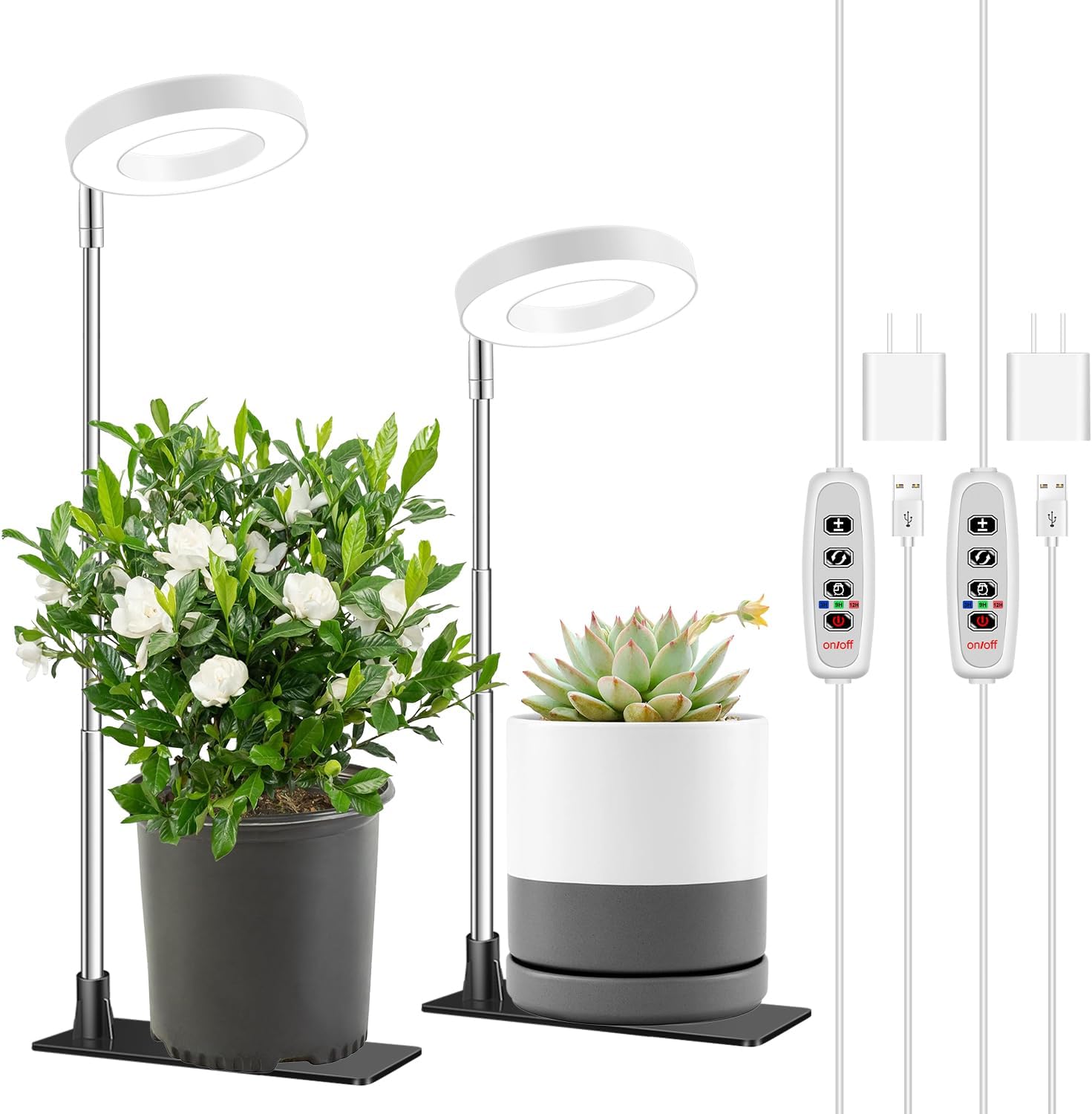 Aokrean Grow Lights for Indoor Plants, 3.5in Full Spectrum with Base 2 Pack | 48LEDs Halo Plant Light for Small Plants, Base/Soil Insert, 6.5-26in Adjustable, 3 Spectra, 3/9/12H Timer, 10 Brightness