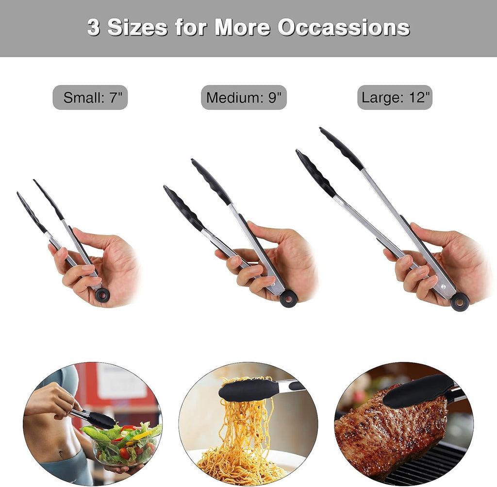 7/9/12 Inch Kitchen Tongs Set of 3, Cooking Tongs with Silicone Tips | For Cooking/Serving/Grilling | Heat-Resistant | Food-Grade Material | Dishwasher Safe | Black