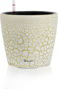 Dexceder 9x8 Inches Self Watering Planter Indoor Outdoor, Inner Pot Design, Thickened Table Flower Plant Pot with Water Level Indicator (White Gold Crackle)