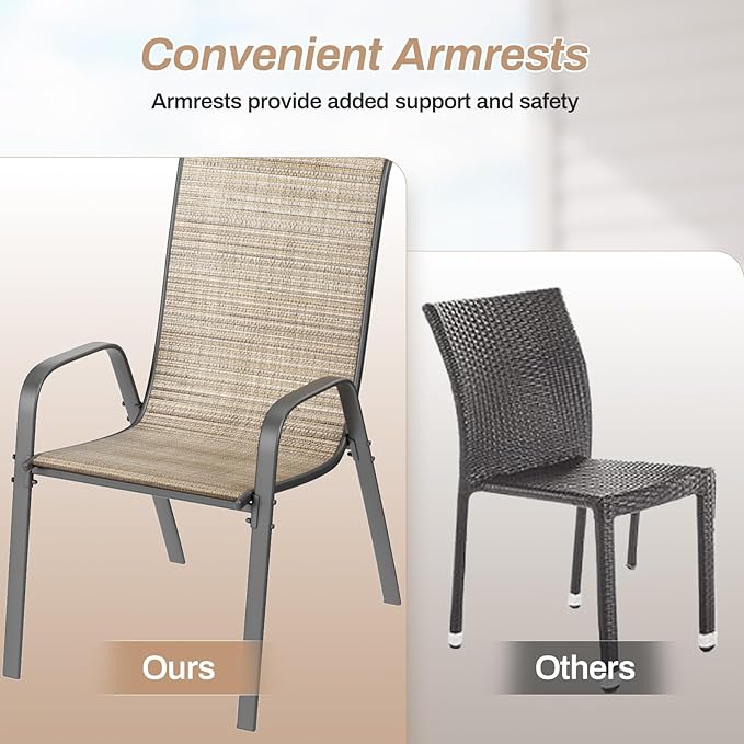 TLSUNNY Patio Chairs, Stackable Textilene Outdoor Dining Furniture for All Weather, with 17.7″ Wide Seat & Metal Frame, for Garden, Backyard, Deck, Restaurant, Poolside (8, Brown, 26.4″)