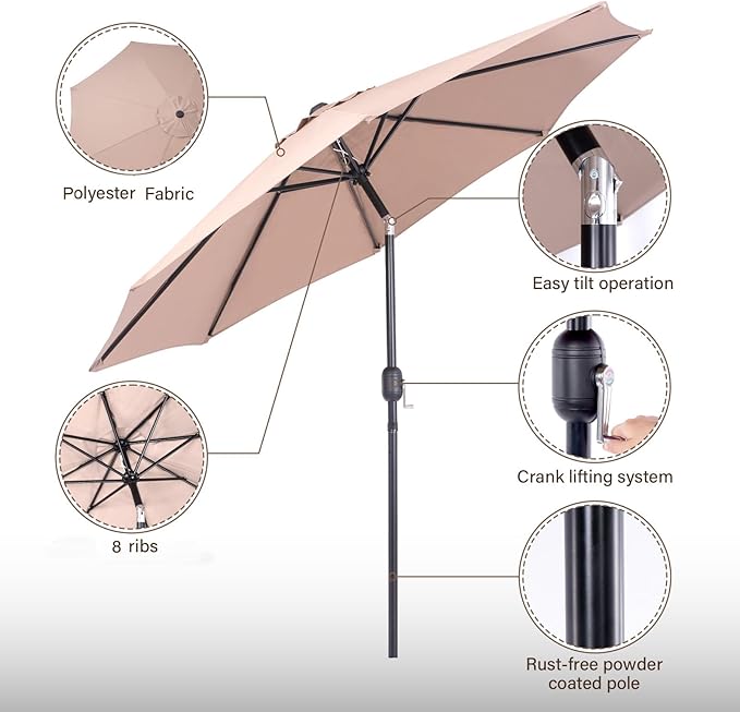 Backyard Expressions 9 ft. Patio Umbrella, Market Table Umbrella w/Tilt and Crank, 8 Ribs
