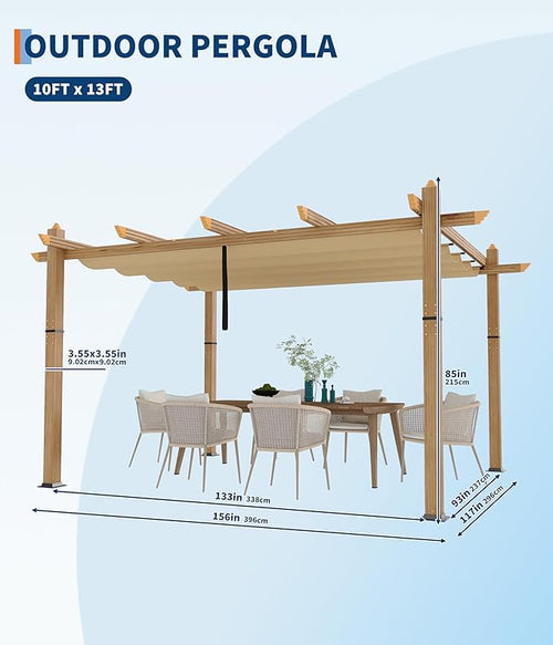 10 x 13 ft Aluminum Pergola with Adjustable Canopy, Outdoor Metal Pergola, Imitation Wood-Grain Sun Shade Shelter for Garden Patio Backyard Deck