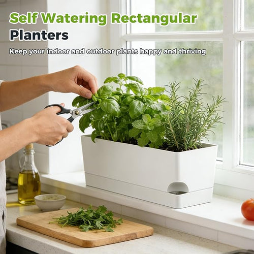 2 Pack Self Watering Pots for Indoor Plants 17 Inches Window Boxes Planters Rectangular Flower Pots Rectangle Herb Pots Large Plant Pots with Drainage Holes and Saucers Windowsill Planter, White