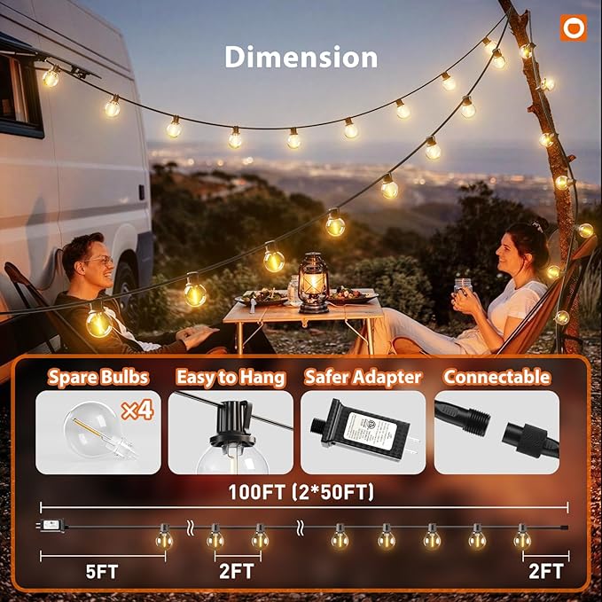 addlon Outdoor String Lights 100FT G40 with APP Control, 54 LED Shatterproof Bulbs, Dimmable Patio Globe Lights Waterproof, Hanging Outside Lighting for Backyard, Garden, Deck, Balcony, Café
