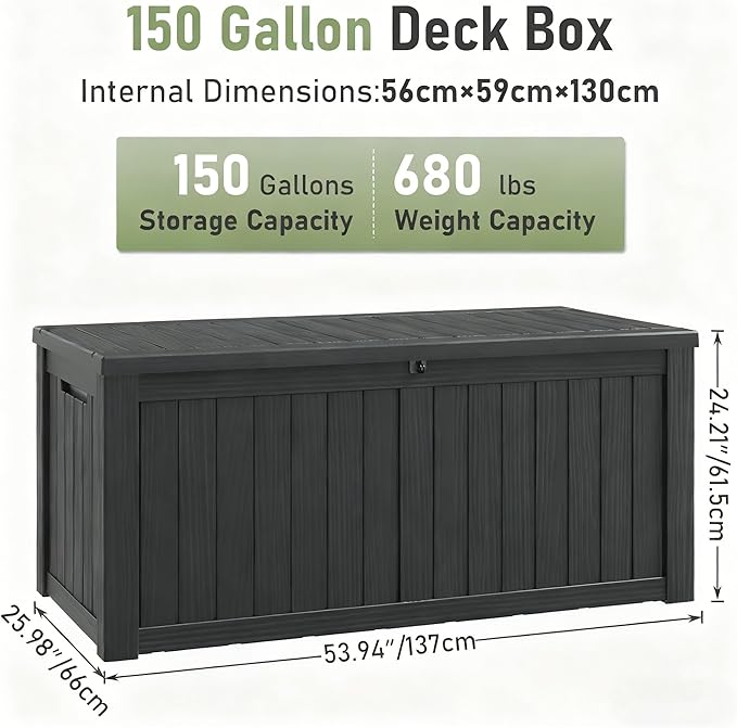 Outdoor Storage Box, Resin Deck Boxes Indoor and outdoor, Waterproof Storage Box Lockable Lid (Grey,150 Gallon)