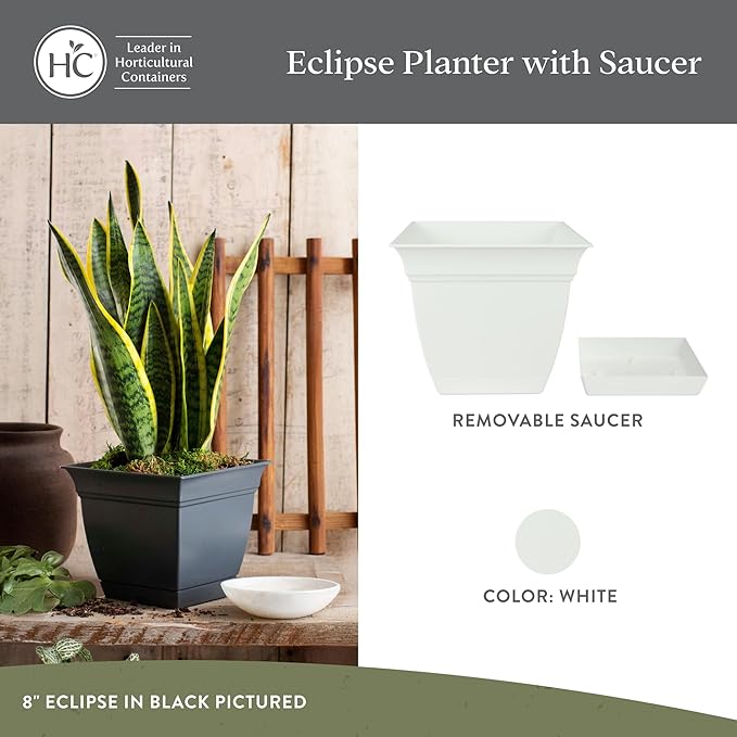 The HC Companies 10 Inch Eclipse Square Planter Pots with Drainage Holes & Attached Saucer, Lightweight UV-Resistant Plastic Indoor Outdoor Planters, 2-Pack Flower Pots for Garden & Home Decor, White