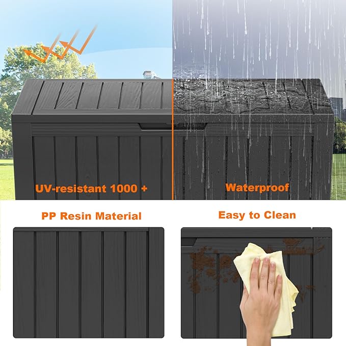 EasyUp 80 Gallon Resin Deck Box Storage Outdoor Waterproof Boxes Lockable UV Resistant Container for Patio Furniture Cushions Pool Supplies Garden Tool, Equipment Outside Storage Delivery, Black
