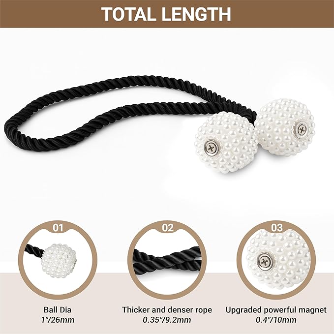 Hion Magnetic Curtain Tiebacks Black 6 Pack, Curtain Tiebacks Buckles Holdbacks Holders Hooks Clip for Home Bedroom Office Decorative Thick or Thin Curtain