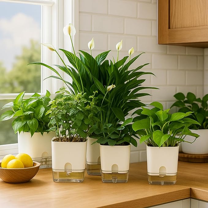 Planterhoma Self Watering Plant Pots for Indoor Plants 7 inch, 4 Packs Rectangle Self-Watering Planters with Drainage Hole, White African Violet Pots for Devil's Ivy, Spider Plant, Orchid, Herb
