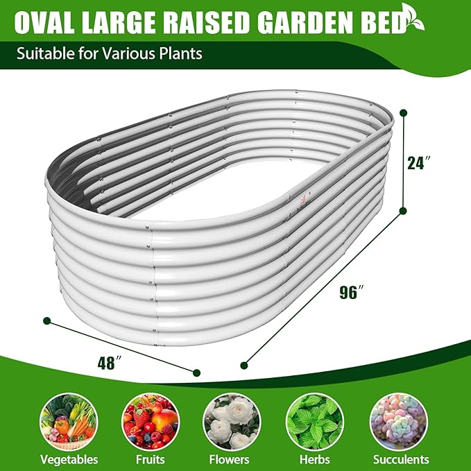 A ANLEOLIFE 7-Set 8X4X2 ft Galvanized Raised Garden Bed Kit, Oval Metal Deep Root Planters for Outdoor Plants, Antique White