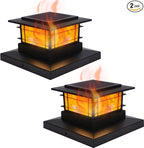 Dynaming 2 Pack Solar Post Cap Lights Outdoor with Flickering Flame Light, Fence Post Solar Lights Fit for 4x4 5x5 6x6 Vinyl/Wooden Posts, High Brightness SMD LED Lighting Decor for Garden Deck Patio