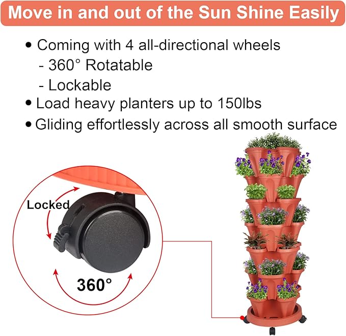 GameXcel Vertical Planter 7 Tier Stackable Planters Garden Planters Strawberry Herb Flower and Vegetable Planter Indoor Outdoor Gardening Pots with Removable Wheels and Tools 2-Pack