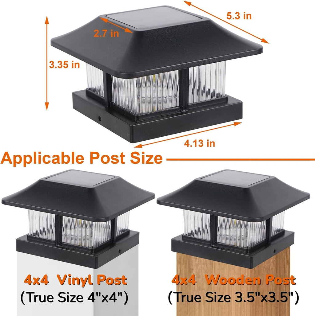 Dynaming 4x4 Solar Post Cap Lights Outdoor with 2 Color Modes, Fence Post Solar Lights Black Shell Brightness SMD LED Lantern Lamps Waterproof for Garden Deck Patio, Fit Wooden/Vinyl Posts, 2 Pack