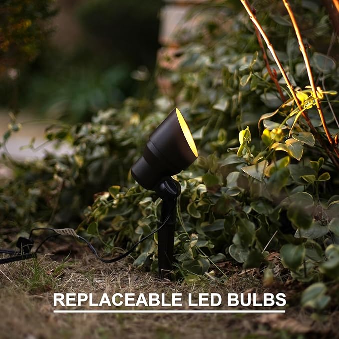 GOODSMANN Low Voltage Landscape Flood Lights 8PK Kit 3W LED 200 Lumen Outdoor Spotlights 3000K Warm White Replaceable LED Outside Hardwired Lighting with Metal Stakes Cable Connectors Replaceable