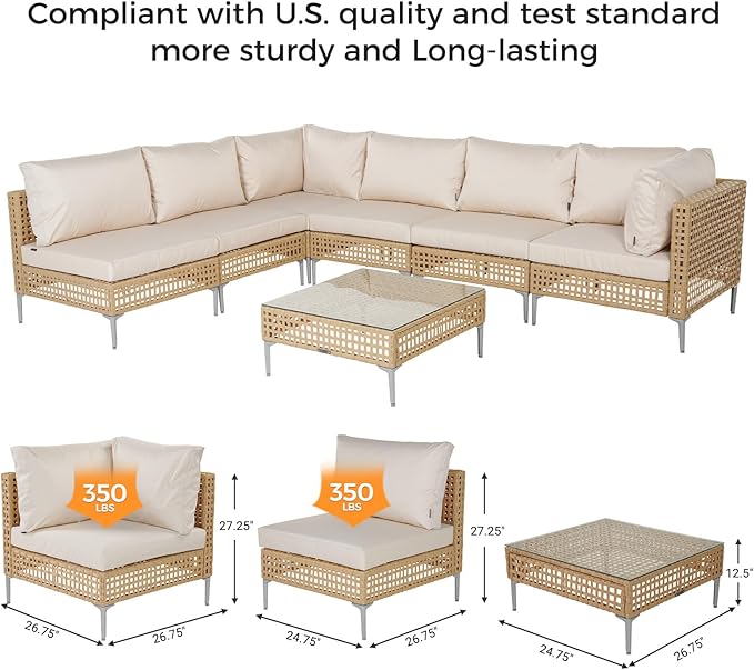 Grand patio 9-Piece Patio Furniture Set with 47" Fire Pit Table, Outdoor Conversation Set & 50,000 BTU 47 Inch Rectangle Propane Fire Pit & Storage Box with Water Resistant Thick Cushions, Cream