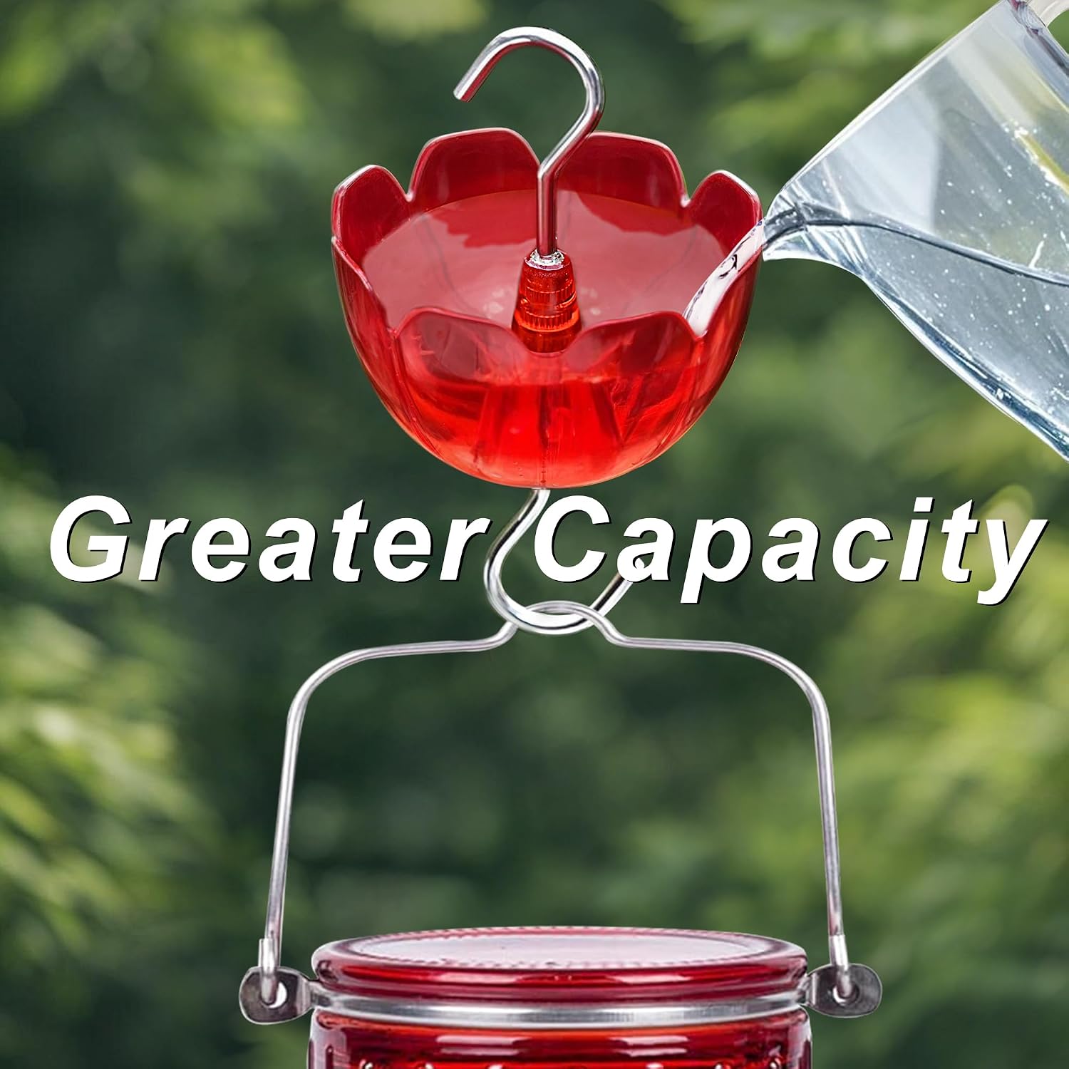 Ant Moat for Hummingbird Feeders, 6 Pack 4OZ | Heavy Duty Metal Hooks with Water Level Window, Bright Red Flower Design for Outdoor Hanging Bird Feeders