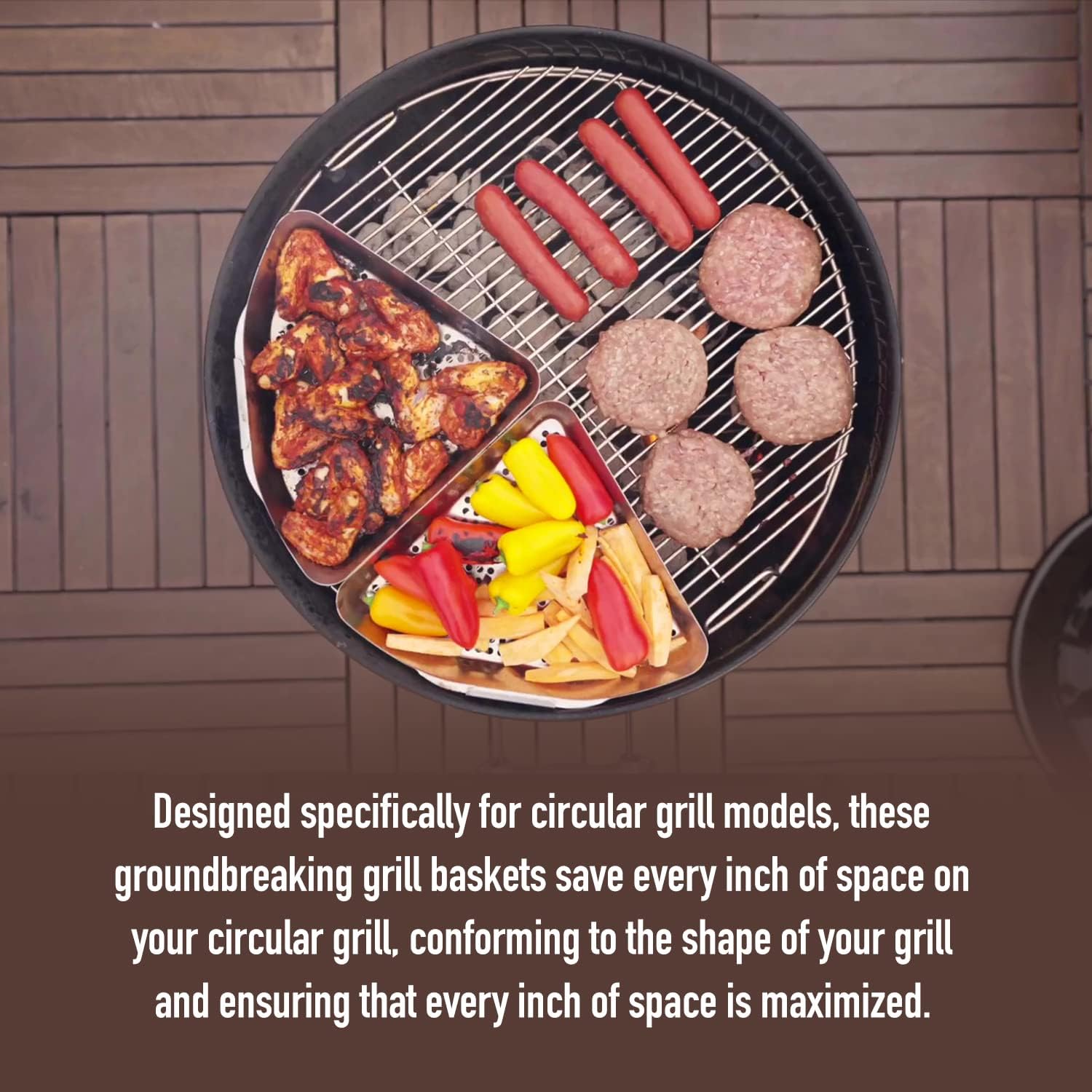 Grill Basket for Kettle Grills, 2 Stainless Baskets | Includes clip-on handle, designed for 22 inch kettle grills. Fish and vegetable grill basket.