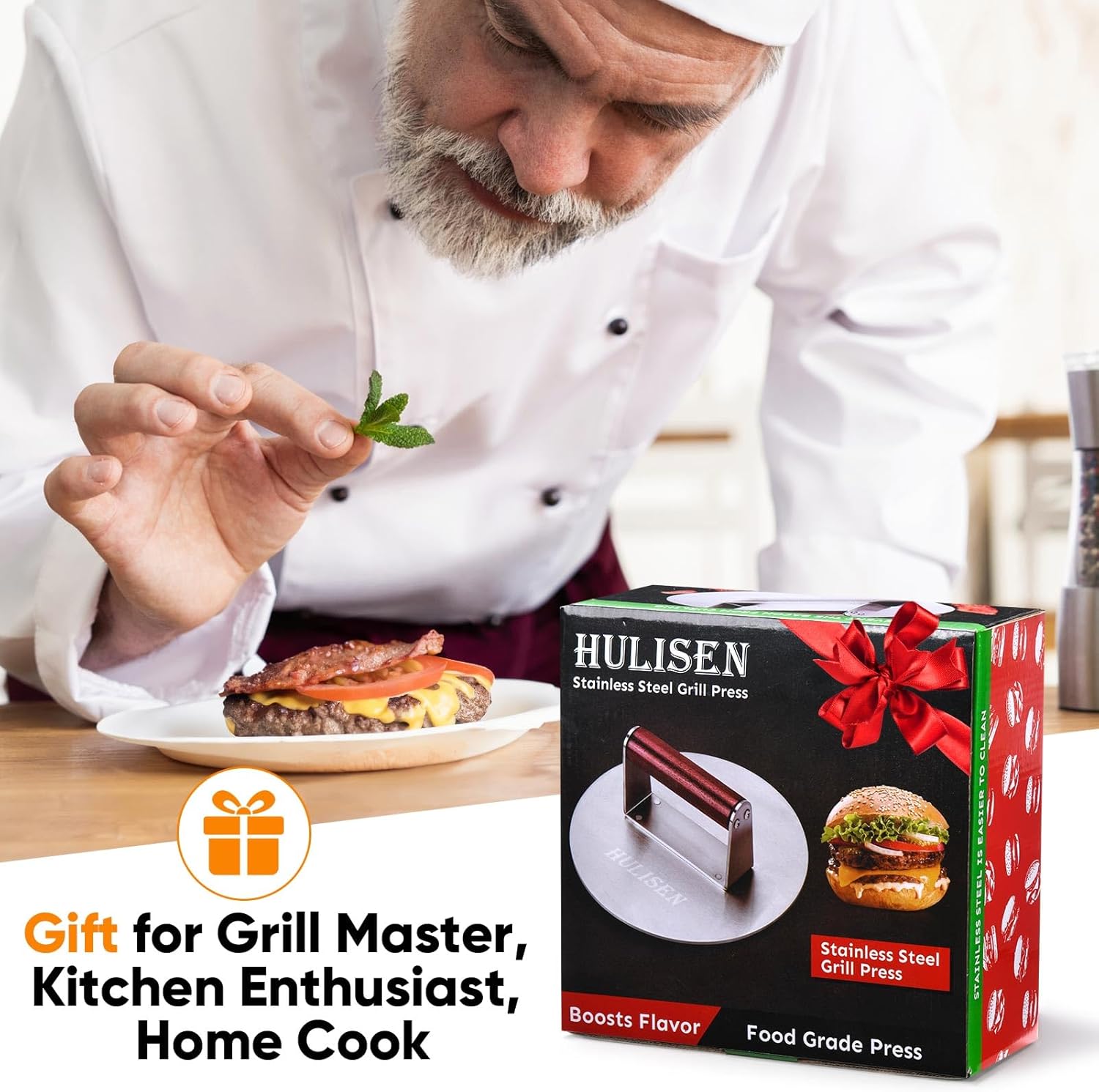 HULISEN 8.5-Inch Burger Press, 2.5 lb Stainless Steel Burger Smasher | Wood Handle, Wide Round Flat Edge Burger Smasher for Bacon & Steaks, Easy Cleanup, Griddle Accessories Fits Flat Top Griddles