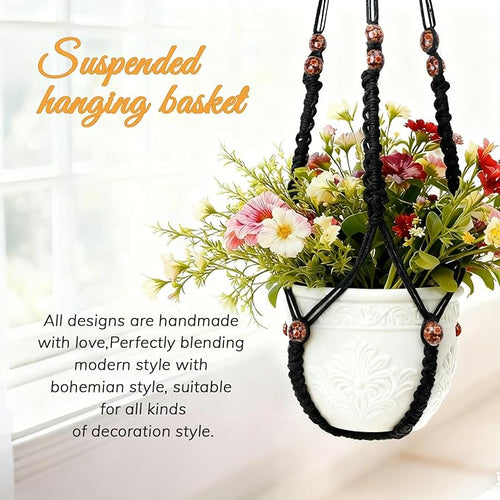 35 Inch Macrame Plant Hanger, Large for up to 15 Inch Pot Extra Long Hanging Planter Holder Basket with Wood Beads for Indoor Outdoor Home Decor (Black, 2-Pack)