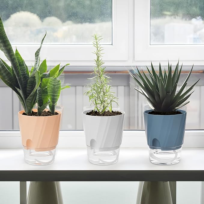 KIMCHOMERSE Self Watering Plant Pots, 4.7 Inch Plant Pots 6-Pack Indoor Planter Pots with Drainage Holes and Tray for Home Decor（2White, 2Pink, 2Blue）