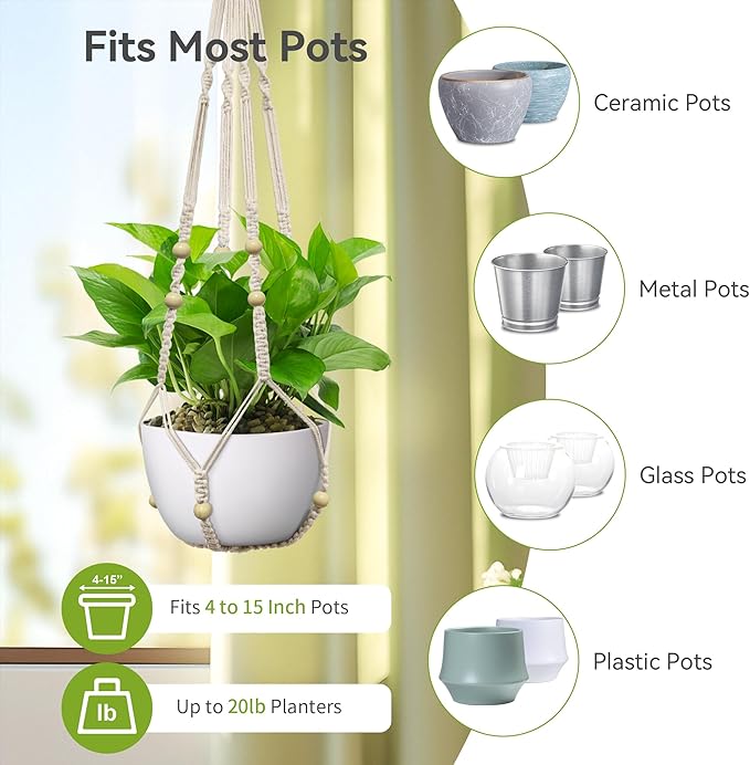 USLAI Macrame Plant Hanger Indoor Outdoor, Fits 4 to 15 Inch Pots, Strong Hanging Planter Holder, Boho Home Decor, 35 Inch, Ivory, Set of 3 (POTS NOT Included)