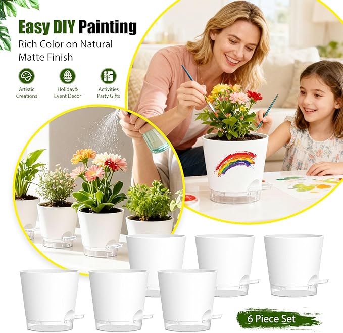 Plant Pots 5 Inch Self Watering Pots,6 Pack Plastic Planters with Drainage Holes and Clear Saucers,Plastic Flower Pots,Nursery Planting Pot for Indoor Out Door Plants (White)