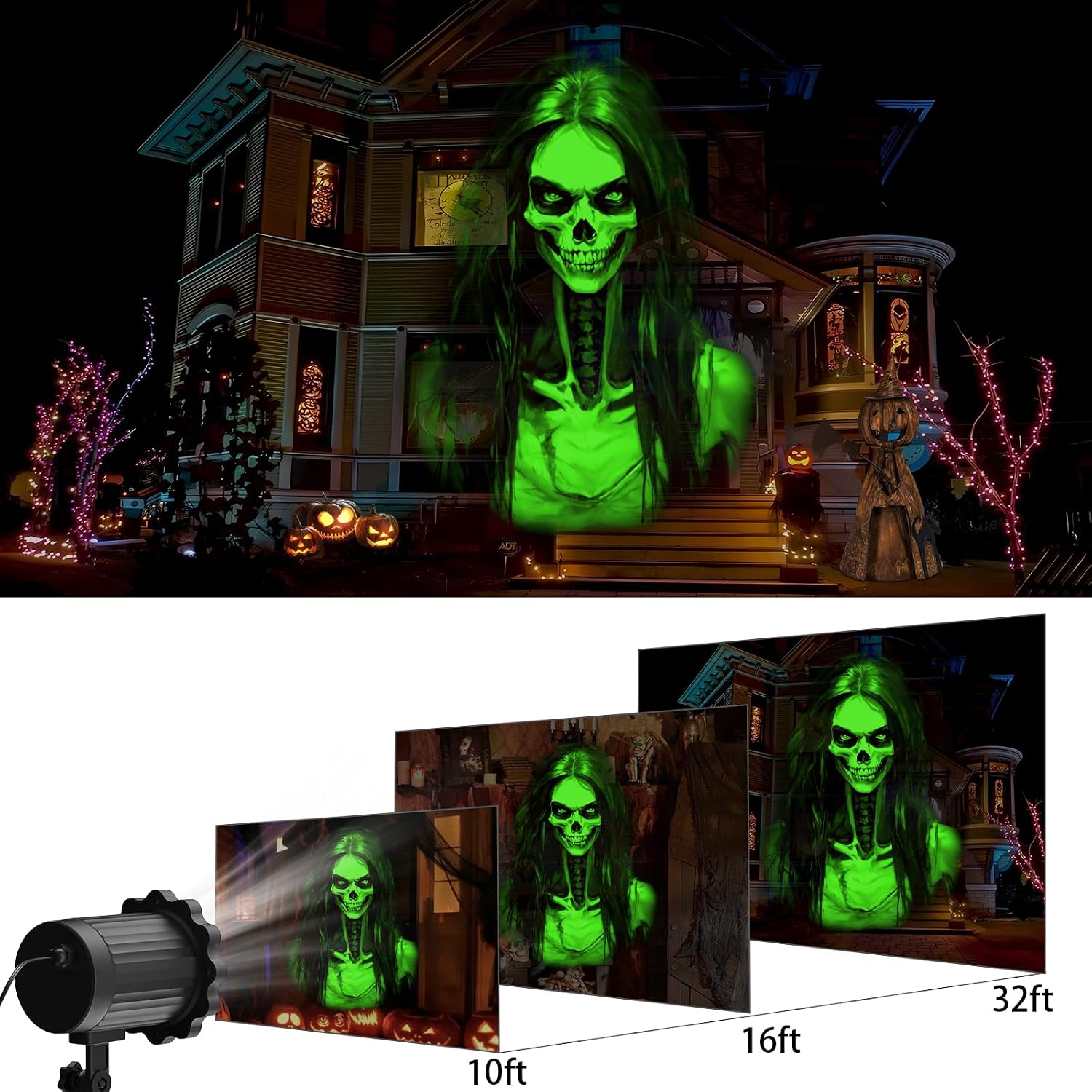 Halloween Projector Outdoor, 2026 Upgraded 3D Dynamic Skull HD Patterns,Clearer Holiday Light Ideal for Window Wall Displays and Halloween Garage Door Cover Projections