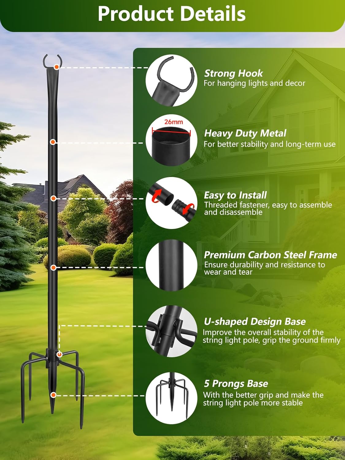 String Light Poles for Outside, 6 Pack 10 ft Adjustable Light Poles | Heavy Duty, Weather Resistant, 5 Prong Stable Base, Ground & Fence Mount, Fence Clips Included, For Patio Garden Porch Decor
