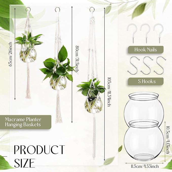 6 Pcs Boho Macrame Plant Hanger with Small Plastic Pot Hanging Plant Holder Wall Planter Propagation Station Include Hooks Kit for Indoor Home Garden Office Decor 3 Size (White)