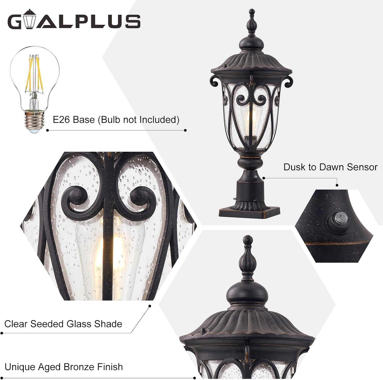 24 Inch High Outdoor Post Light Fixture with Dusk to Dawn Sensor, Bronze Post Lantern with Pier Mount, Exterior Pole Lighting with Seeded Glass for Yard, Garden, Patio and Pathway, LMMS0519-M