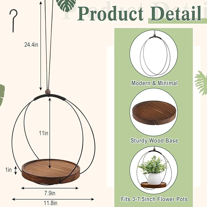 3 Pack Hanging Planters for Indoor Black Plant Hanger with Round Wood Base Large Indoor Hanging Plant Shelf Round Boho Holder Gift for Mom,housewarming