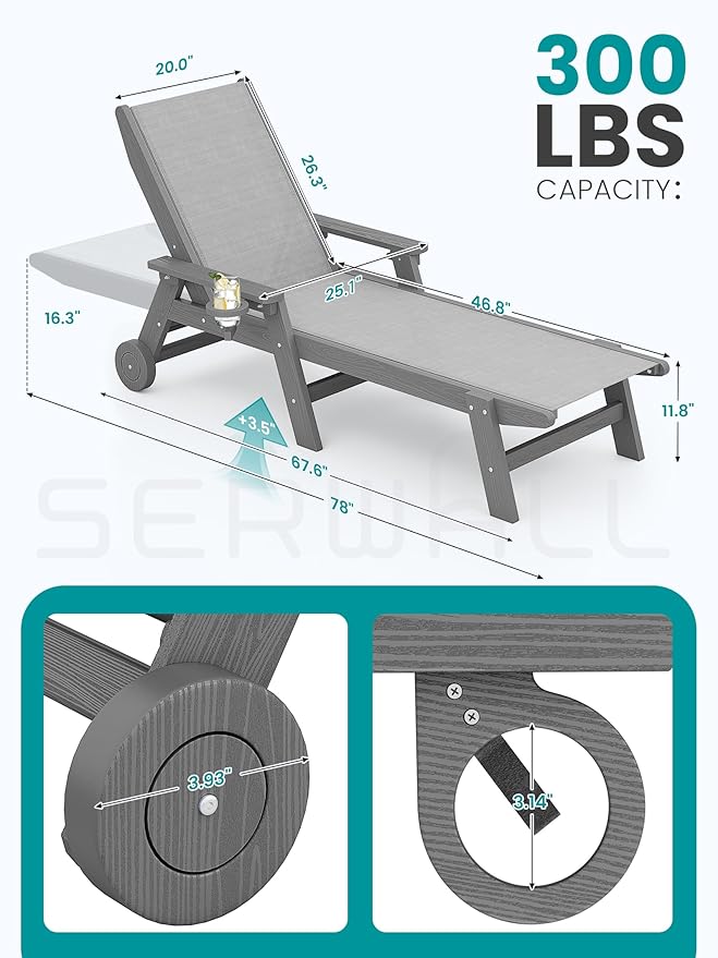 SERWALL Patio Chaise Lounge Chair, 5 Positions Outdoor Lounger for Pool, Textilene Lounge Chair with Rolling Wheels for Poolside, Deck, Grey