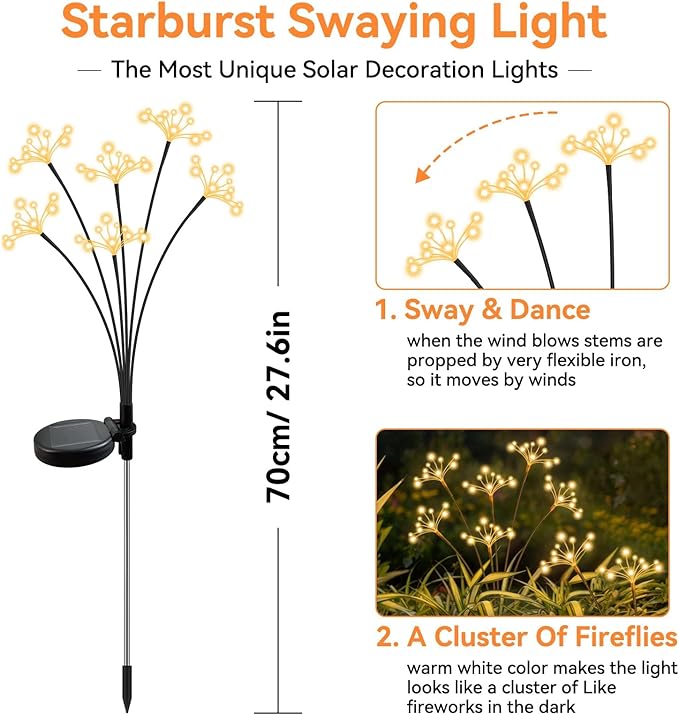 JJGoo Solar Garden Lights, New Upgraded 6 Pack Solar Swaying Starburst Light, Waterproof Fireworks Outdoor Lights, Yard Patio Pathway Decoration, Warm White