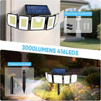 Solar Lights Outdoor Waterproof Motion Sensor - 416 LEDs 3000 Lumens Super Bright 3 Brightness 3 Modes 2400mAh 360° Illumination 32ft Solar Flood Security Light for Outside (Cottage, 3)