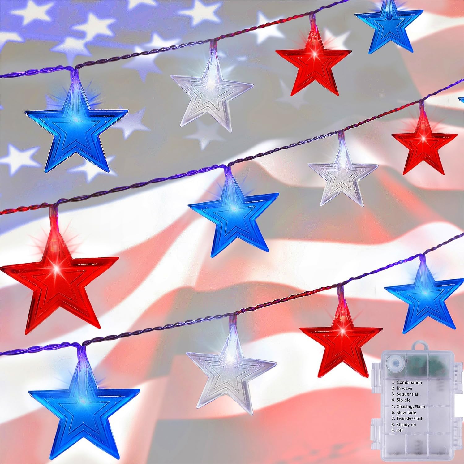 July 4th Red Blue and White Star Lights, 40LED 19FT Patriotic String Lights with Stars Battery Operated, 8 Lighting Modes & Timer, Waterproof Outdoor Independence Day Memorial Day Holiday Party Decor